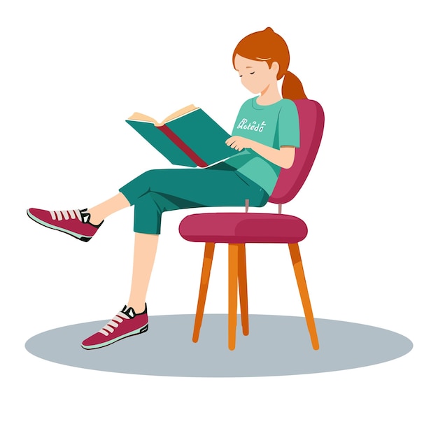 Vector vector illustration of a cartoon woman reading a book with a table chair