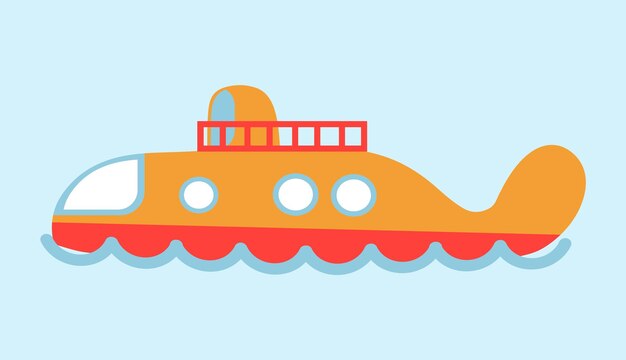 Vector vector illustration of cartoon yellow and red submarine isolated on blue background flat illustration orange underwater ship on the surface of the water floating on the waves diving depth boat