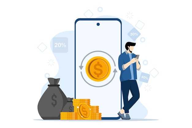 Vector vector illustration of cashback with a character standing next to a big mobile phone