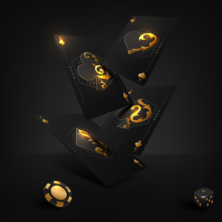 Vector vector illustration on a casino theme with poker symbols and poker cards on dark background.