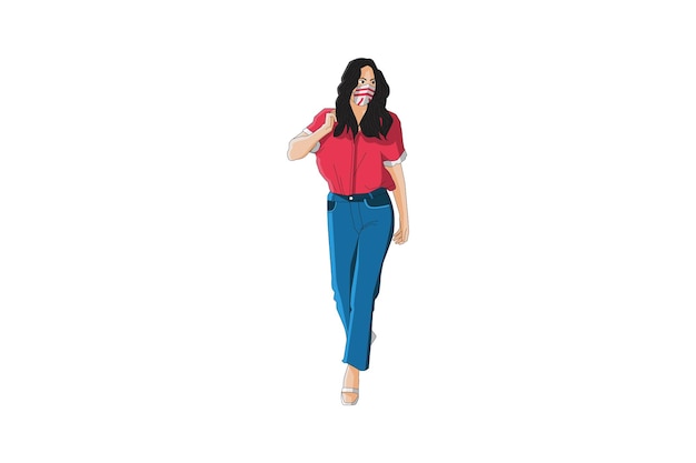 Vector vector illustration of casual women walking with mask