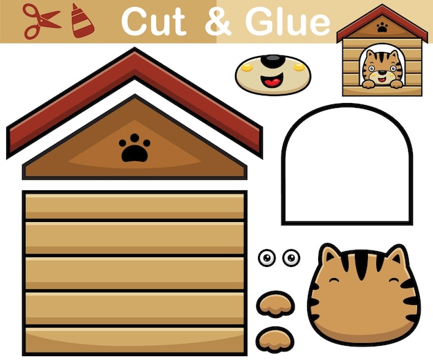 Illustrazione di vettore del fumetto del gatto nella sua casa. gioco di carta educativo per bambini. ritaglio e incollaggio