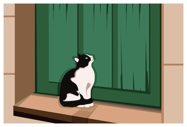 vector illustration of a cat sitting in front of a green house door