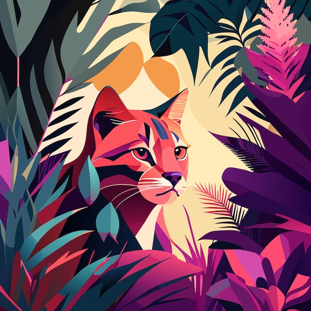 Vector vector illustration of a cat sitting behind tropical bushes in shades of purple