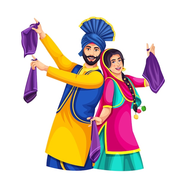 Векторная иллюстрация празднования пенджабского фестиваля Baisakhi Sikh Punjabi пара народных танцев