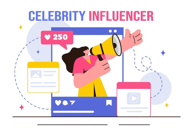 vector illustration of celebrity influencers posting on the internet for advertising marketing daily life or endorsements in a flat cartoon style
