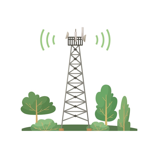 Vettore illustrazione vettoriale di una torre di comunicazione cellulare in piedi in una foresta. distribuzione del segnale 5g, 4g. internet. tecnologie moderne