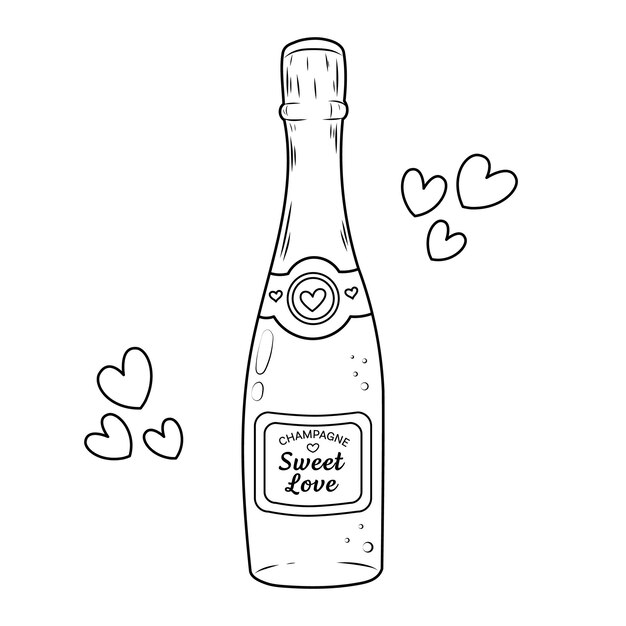 Vector vector illustration of champagne bottle for valentines day sketch of festive bottle and hearts