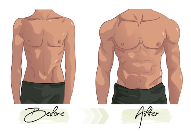 Vector illustration of changes before and after male body fitness