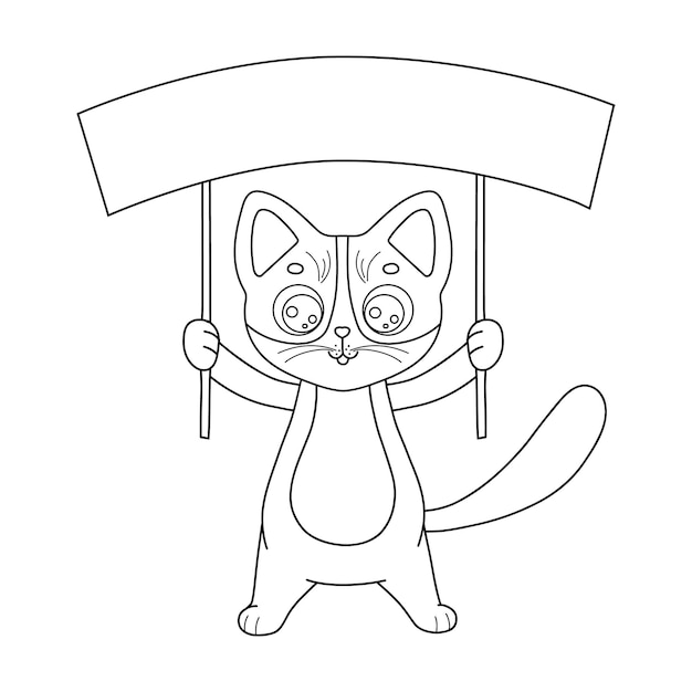 Vector illustration character cat with banner Outline funny cartoon kitty waving hand Line sketch animal for coloring book isolated on white