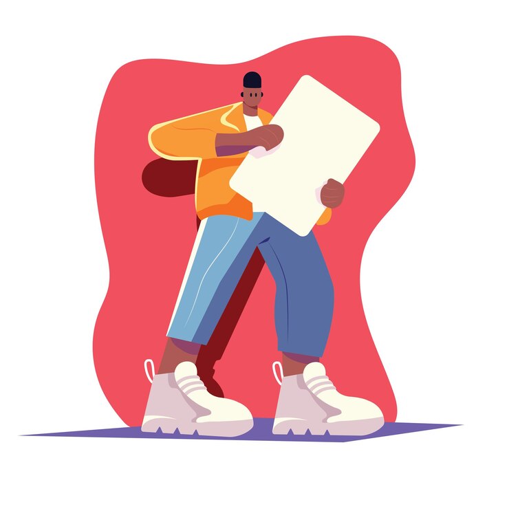 Vector vector illustration of a character holding up a notice paper card