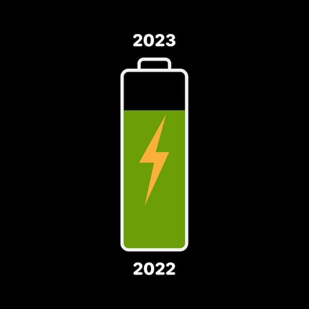 Illustrazione vettoriale che carica la batteria dal 2022 al 2023. illustrazione del cambio dell'ora del nuovo anno.