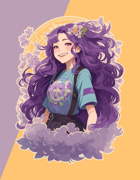 Vector Illustration of a Charming Girl with Purple Hair Ideal for Stickers Logos TShirt Prints