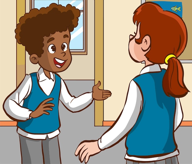 vector illustration of Cheerful diverse kids in school uniform talking