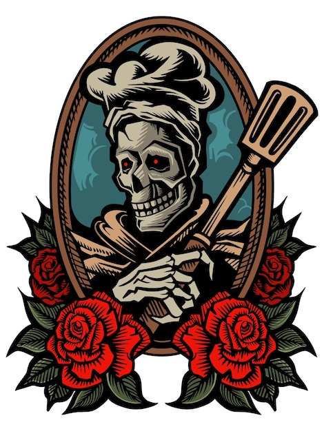 Vector illustration of chef39s skull and spatula rose flower decoration frame