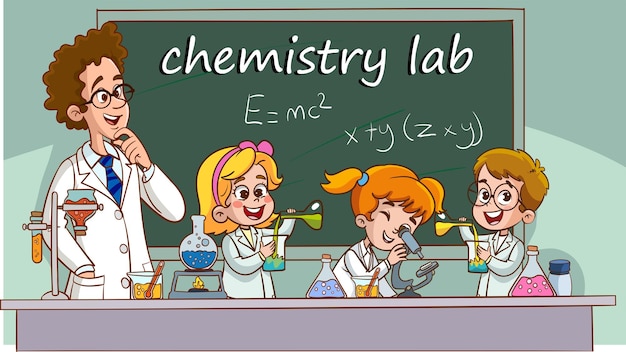 Illustrazione vettoriale di una lezione di chimica con studenti carini in un laboratorio