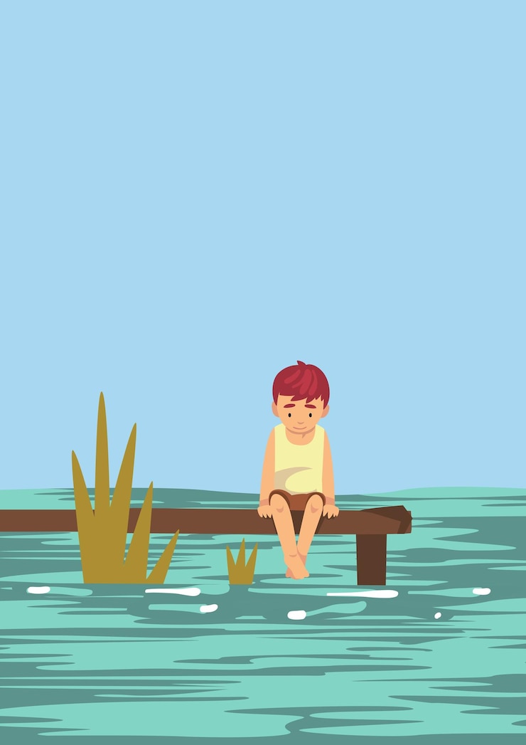 Vector vector illustration of a child sitting alone with depressed feeling on a wooden bridge
