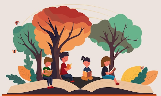 Vector illustration of children characters reading book and large open book against nature background