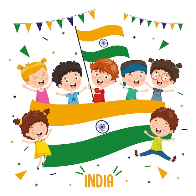 Vector vector illustration of children holding india flag