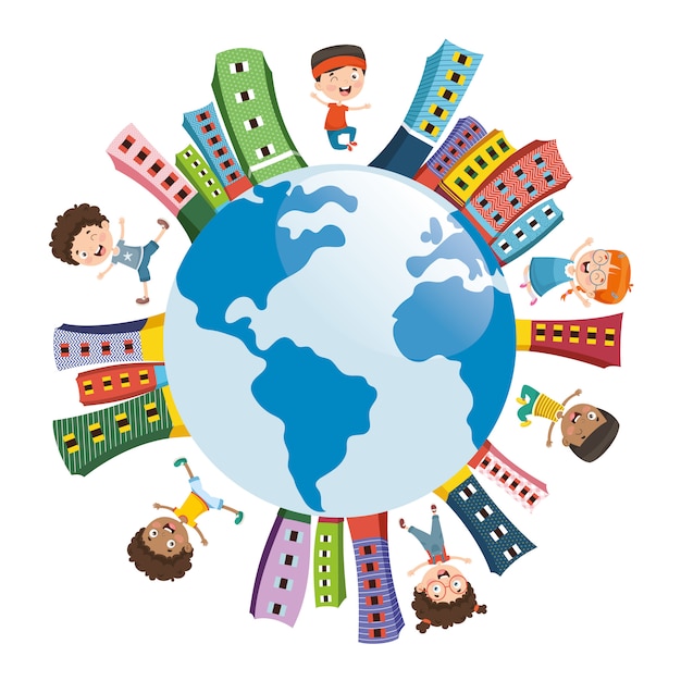 Vector vector illustration of children playing around the world