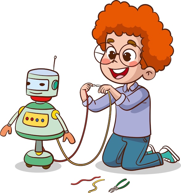 Vettore illustrazione vettoriale di bambini che giocano con il robot