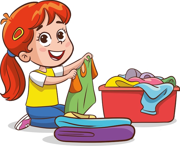 vector illustration of children with housekeeping home cleaning equipment