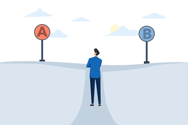 Vector illustration of choosing between two options with businessman at crossroads with road sign