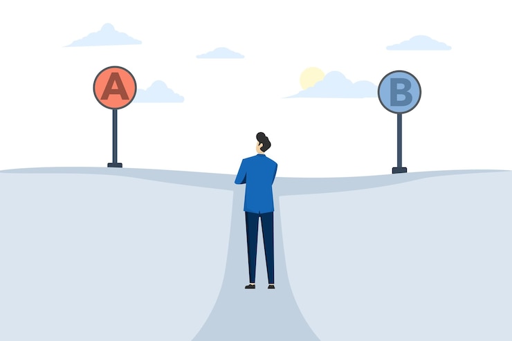 Vector vector illustration of choosing between two options with businessman at crossroads with road sign