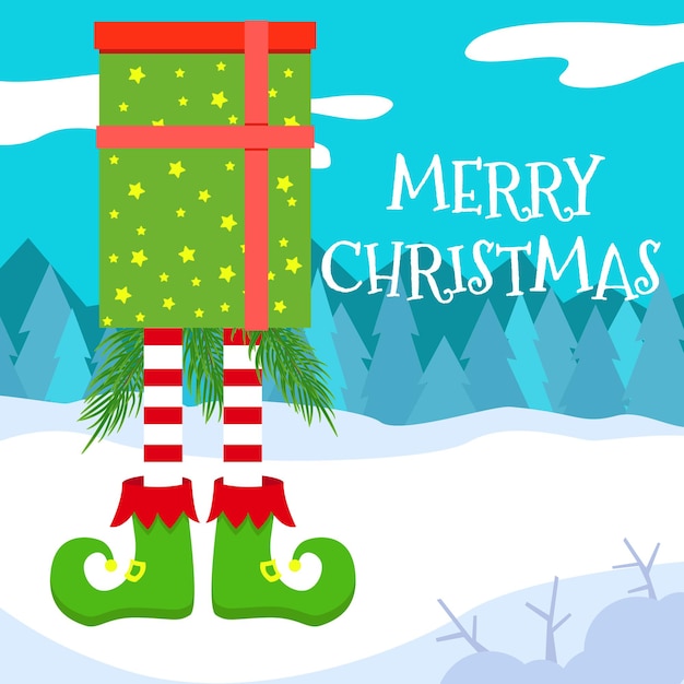 Vector illustration of a christmas card with elf legs from a gift box in the forest