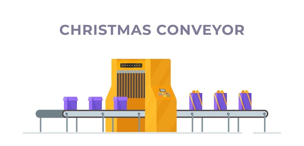 The vector illustration of christmas conveyor machine for assembling presents at work