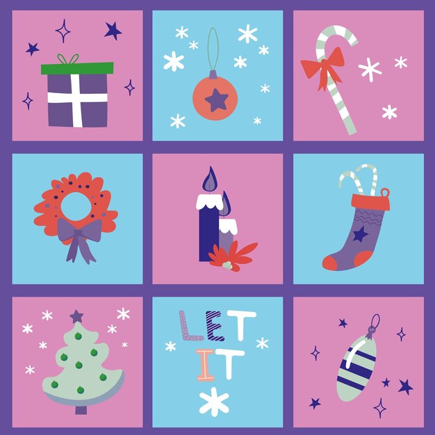 Vector illustration Christmas new year holiday decoration icons and elements set isolated in flat style EPS