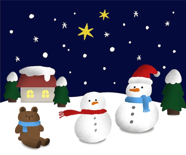 Vector vector illustration of christmas outdoor scene with snowman and house