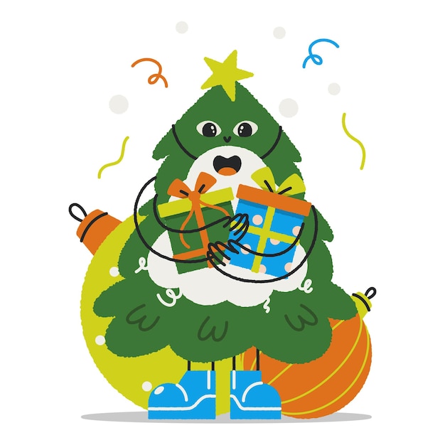 Vector illustration of a christmas tree character with emotion for a christmas festival card