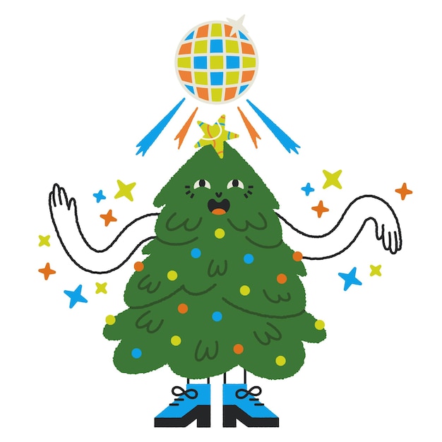 Vector illustration of a Christmas tree character with emotion for a Christmas festival card