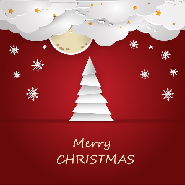 Vector illustration of a Christmas tree on a red background with clouds and snowflakes. EPS 10.