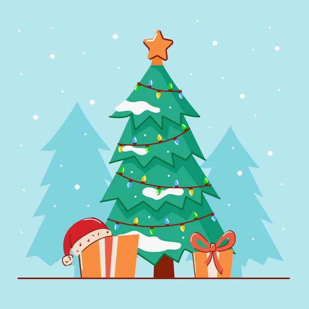 Vector illustration of Christmas tree with gifts and lanterns The concept of New Year and Christmas