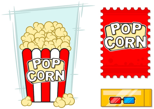 Un'illustrazione vettoriale di icone del cinema impostate popcorn per occhiali stereo 3d in un secchio a strisce