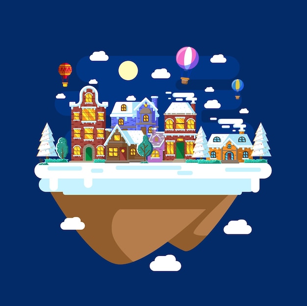 Vector illustration of city landscape in winter at night with\
flat design style