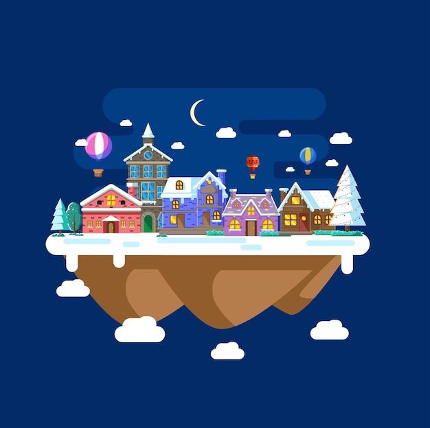 Vector illustration of city landscape in winter at night with\
flat design style