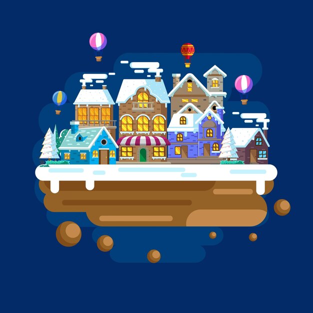 Vector illustration of city landscape in winter at night with\
flat design style