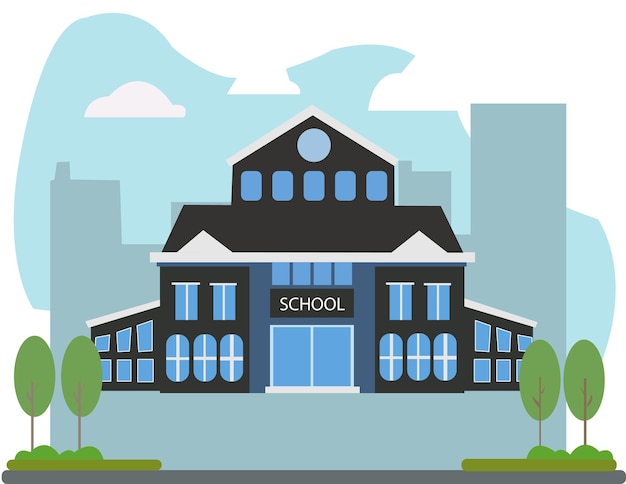 Vector illustration of City Pride School surrounded with green trees and clouds