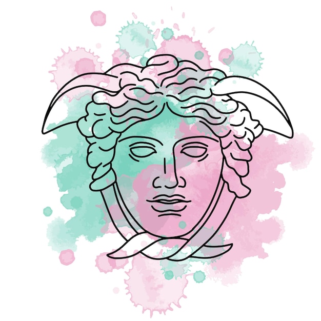 Vector vector illustration of classic greek sculpture of medusa head line art with watercolor background