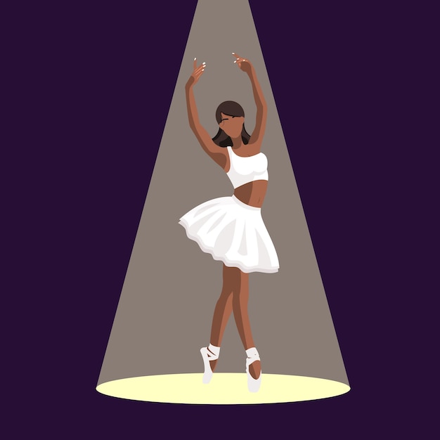 Vector illustration classical ballet African American ballerina in a white tutu and pointe shoe dances in the spotlight on dark blue background Beautiful young faceless ballerina in a flat style