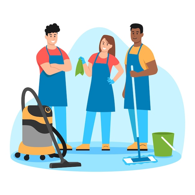 Vector illustration of cleaners Cartoon scene with boy and girls who vacuum dust mop the floor on white background