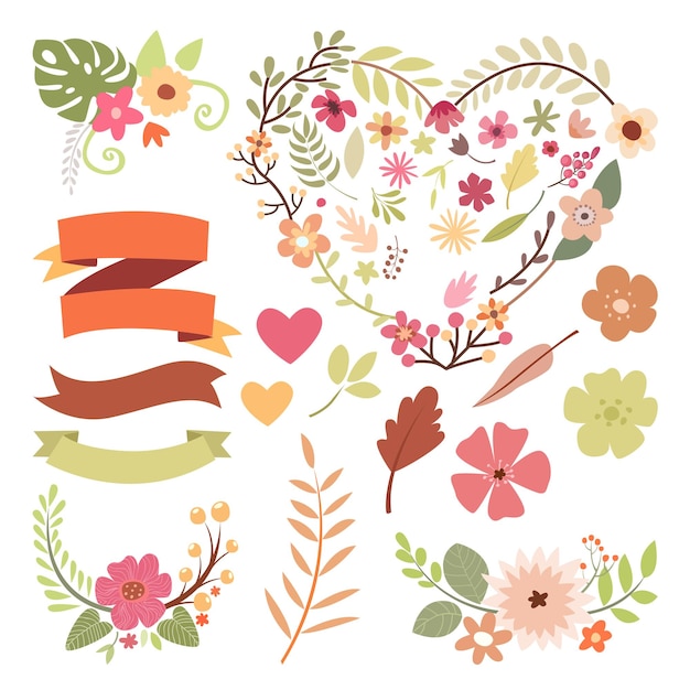 Vector vector illustration of clipart ribbon element with flower and leaf in cute cartoon style