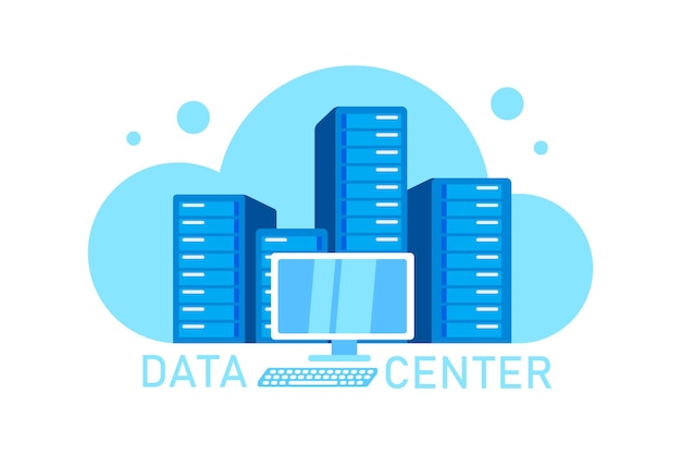 Vector vector illustration of a cloud data center in cartoon flat style