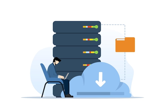 vector illustration of Cloud Storage Concept with people working in cloud sync center