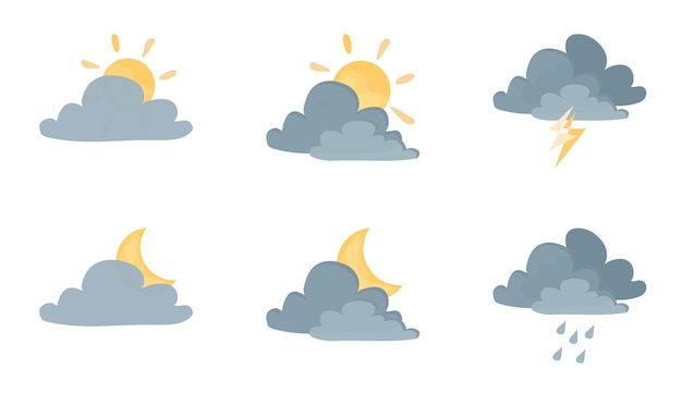 Векторная иллюстрация облачных погодных элементов на белом фоне