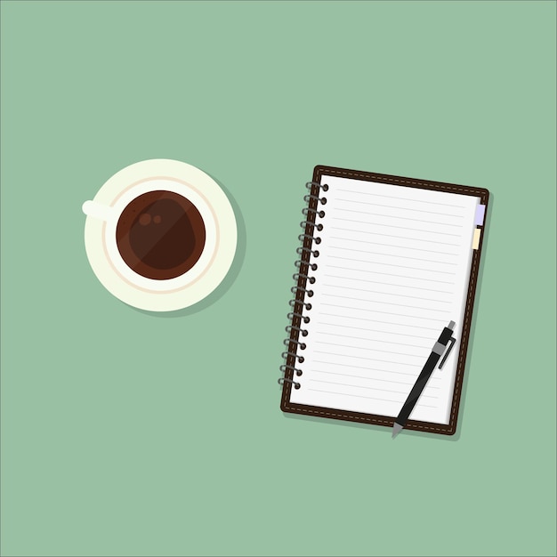 Vector illustration of coffee cup with notepad and pen