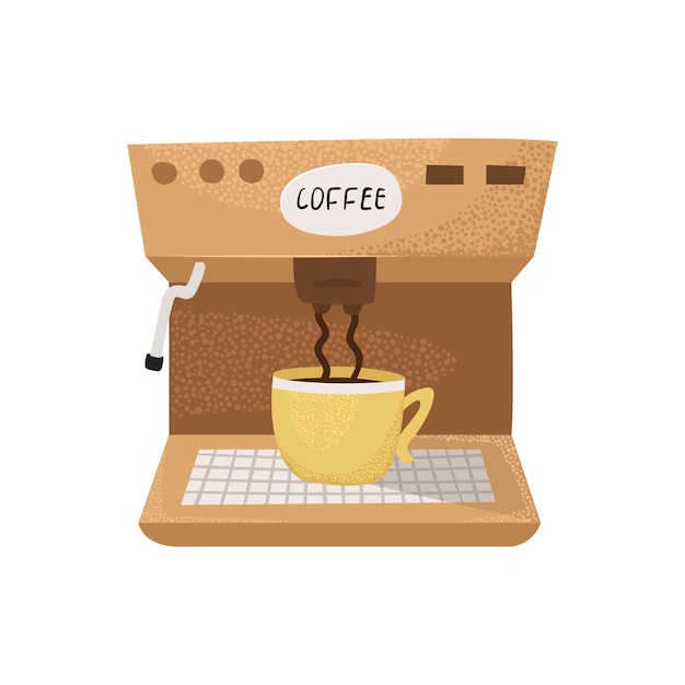 Векторная иллюстрация кофемашины, варящей кофе в чашке